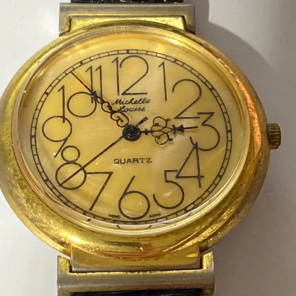 Michelle Louise Women's Gold Tone Black Leather Band Quartz Watch OS‎